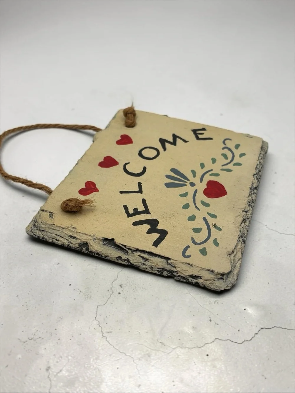 Vintage 80s-90s Hand Painted Slate Welcome Sign w/ Hearts Folk Art Ready To Hang